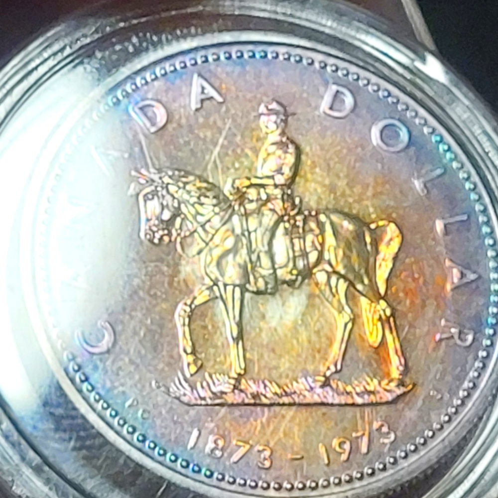 Rainbow toned silver proof 1973 Canadian dollar